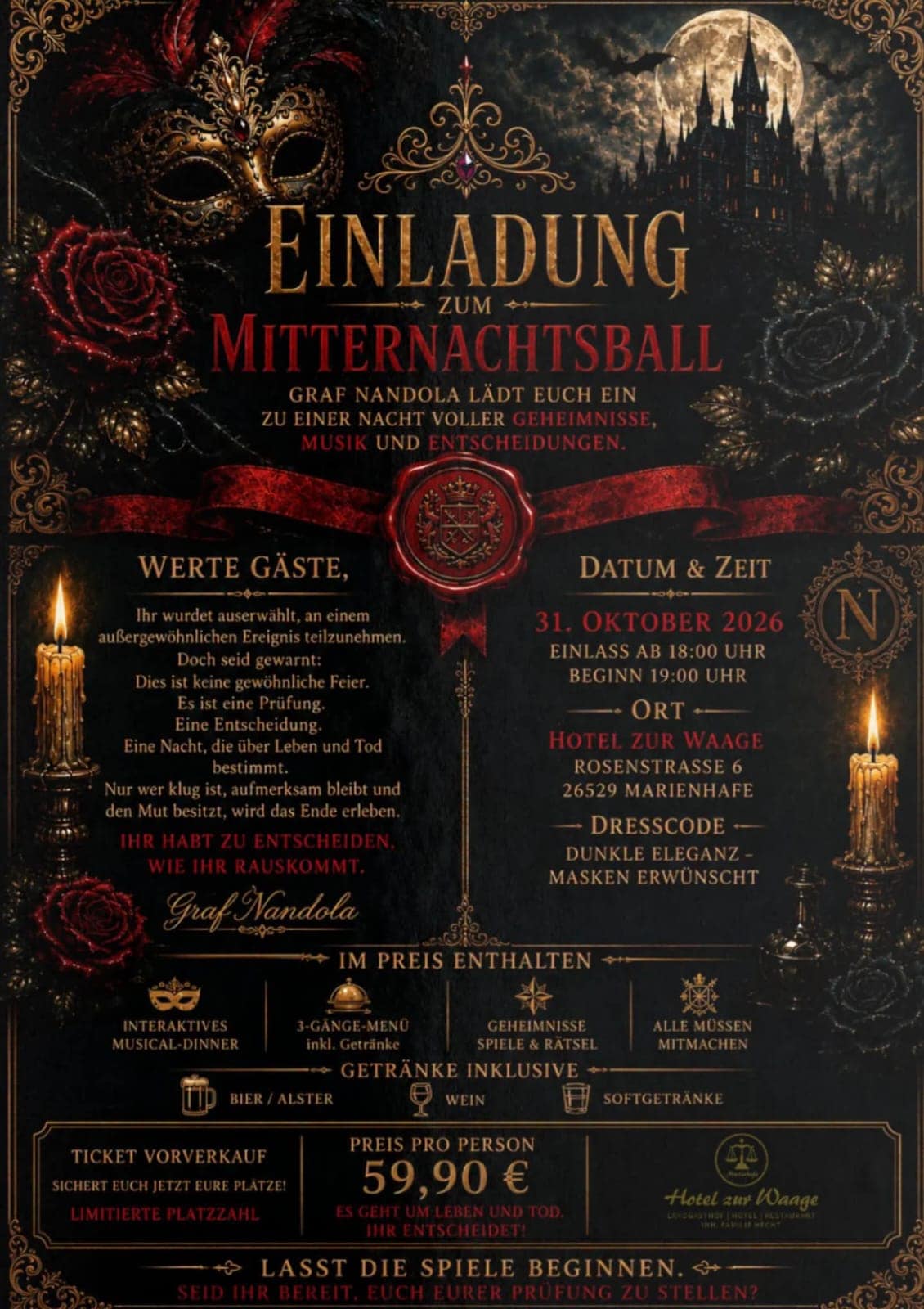 Einladung zum Mitternachtsball im Hotel zur Waage Marienhafe.
